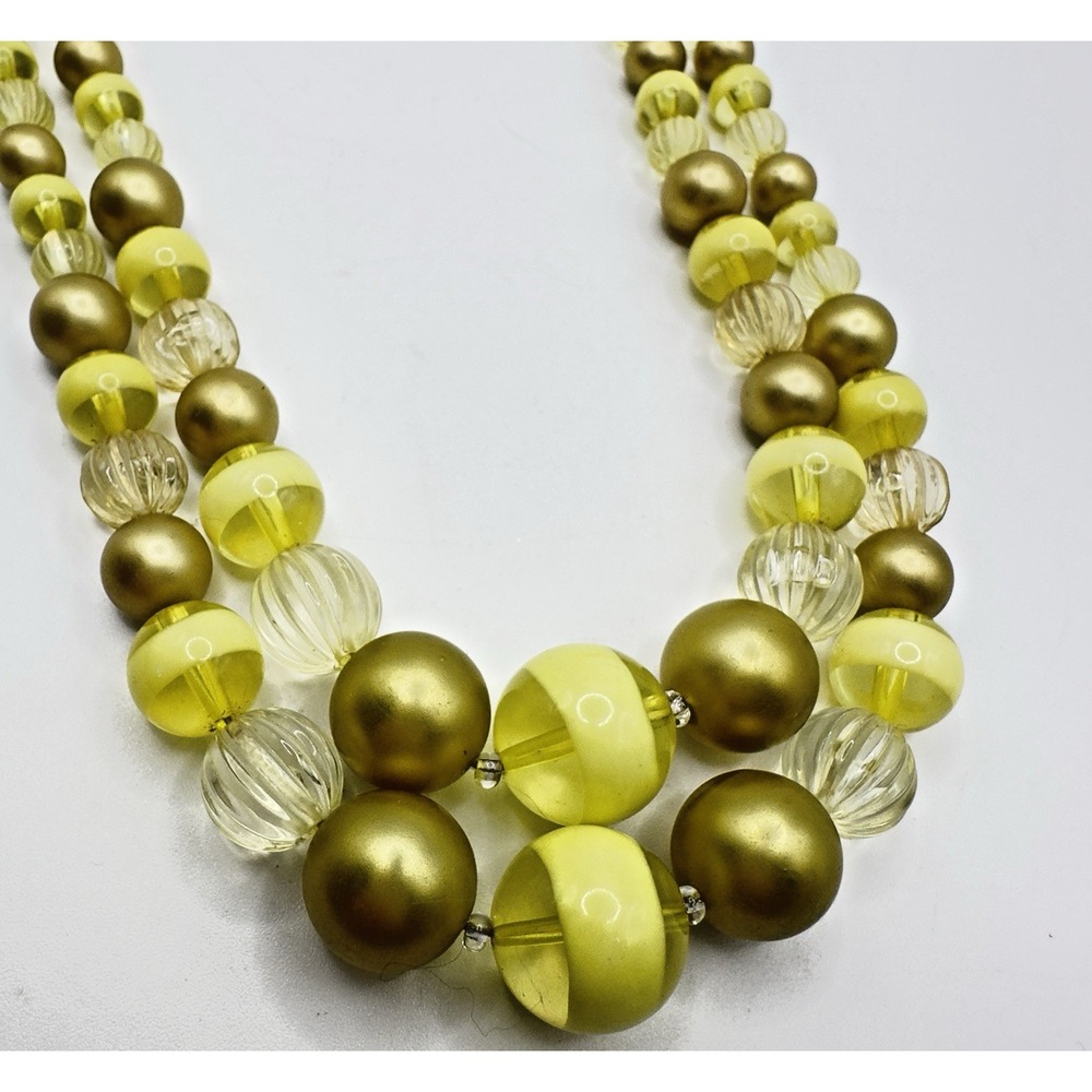 Vintage Lucite Beaded Necklace Double Strand Choker Collar 14 - 16" Yellow Clear